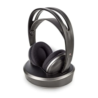 Image de Casque TV sans Fil RF Tour d&#039;oreille Durée de Lecture maximale Batterie: 11 Heures 100 m Audio numérique Station Charge Argent/Noir