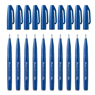 Image de Pentel SES15C Brush Sign Pen Touch Feutres pinceaux à pointe souple encre aquarellable Bleu Lot de 10