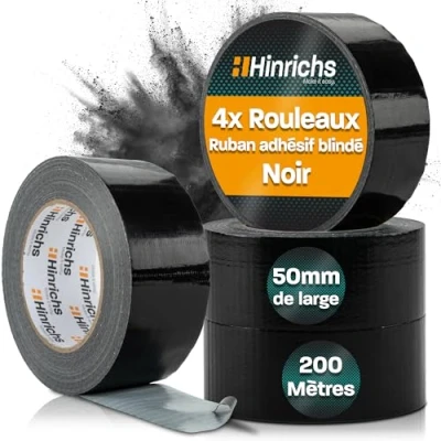 Image de Hinrichs Ruban Adhésif Noir 4 Rouleaux de en Tissu 50m x 50mm Duct Tape extra fort Gaffer Imperméable puissant pour une utilisation Intérieure et Extérieure