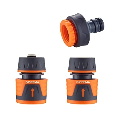 Image de GRIFEMA GE1103, Kit de Raccordement Robinet/Tuyau Jardin avec Connecteur Waterstop 1/2&quot;, Connexion Rapide 1/2&quot; et femelle Premium 3/4&quot;, Gris/Orange [Exclusivité Amazon]