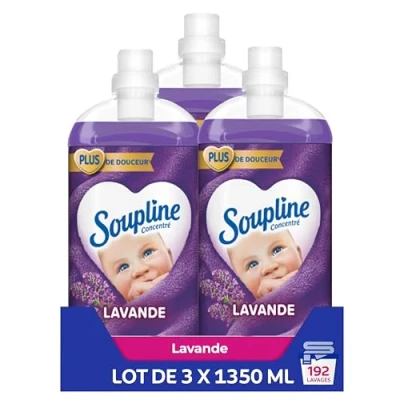 Image de Soupline Adoucissant Concentré 3D Lavande Formule Active à Froid 92 % d&#039;Ingrédients d&#039;Origine Naturelle Lot de 3 x 1,35 L