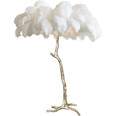 Image de Lampe Plume d&#039;Autruche, Lampadaires pour Salon avec Ampoule LED 3 Températures de Couleur, Lampadaire Interrupteur à Pied, Corps Doré, Salon, Chambre Coucher, Bureau