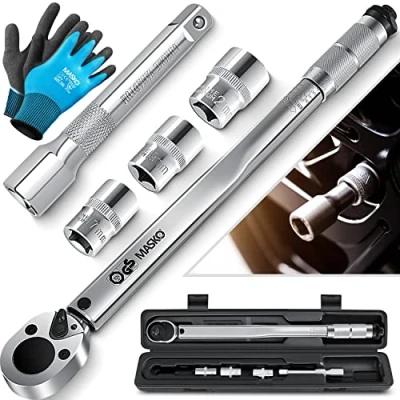 Image de Masko® Clé dynamométrique 6 pièces. Set 40 210 Nm 1/2 &#039; CV incl. 3 douilles 17 mm, 19 21 mm et rallonge 125 coffret tolérance +/ 4% pour pneu auto, bleu