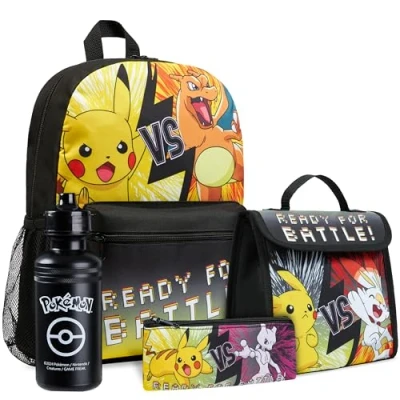 Image de Pokémon Sacs à Dos Ensemble Enfant, 4 Pcs Cartable, Panier Repas, Trousse, Bouteille d&#039;eau (Noir/Jaune)