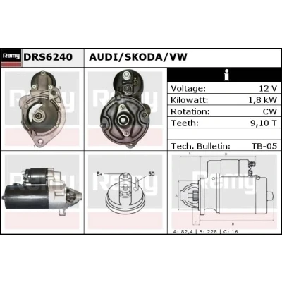 Image de DELCO Remy DRS6240 Démarreur 12 1,8 9, 10 SOL60 82,4 Remanufactured AUDI: A4 B7 Berline, Avant, B6 VOLKSWAGEN: Passat B5 GP Break