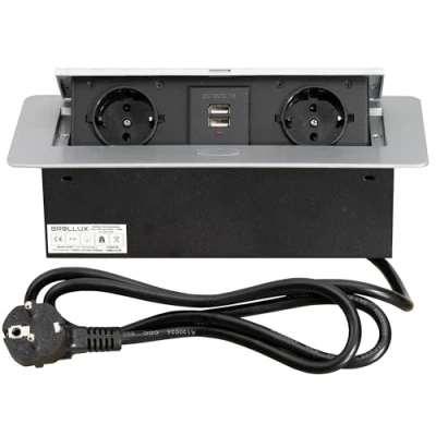 Image de BROLLUX Double prise encastrable escamotable avec USB argenté ouverture douce en aluminium moulé sous pression câble de raccordement 1,5 m