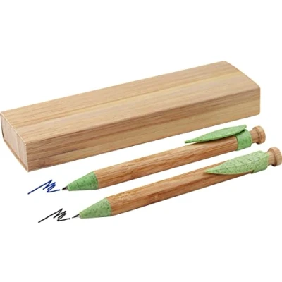 Image de MPM Lot de 2 stylos à bille et crayons en bambou avec clip paille blé dans une boîte papier, encre bleue crayon, bois clair/vert, cadeau EKO