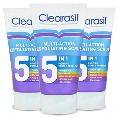 Image de Clearasil lot de 3 gommages exfoliants 5 en 1, pour peaux sujettes à l&#039;acné, débouchent les pores, réduit points noirs, boutons et l&#039;excès sébum, prévention quotidienne des taches,