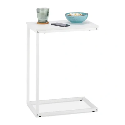 Image de Relaxdays Table d&#039;appoint en Forme de C, à Glisser, métal, MDF, Aspect Bois, HLP : 60 x 30 45 cm, Marron, 60% Acier, Blanc, Brun Clair, 57 42,5 cm