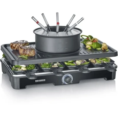 Image de SEVERIN Appareil à Fondue et raclette pour 8 personnes, 2 en 1 avec Plaque de cuisson Service fondue, Inclus poêlons, spatules fourchettes Noir, RG 2347