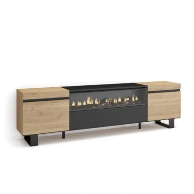 Image de Skraut Home Meuble TV Banc Télé Grand Espace de Rangement 200x57x35cm pour Les jusqu&#039;à 80&quot; Cheminée électrique Design Industriel Style Moderne Chêne et Noir