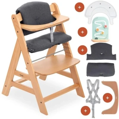 Image de hauck Chaise Haute Bébé Alpha Plus en Bois, Inclus Plateau Play Tray, Jouet Bebe Planting Flowers et Coussin, à Partir de 6 Mois, Réglable Naturel
