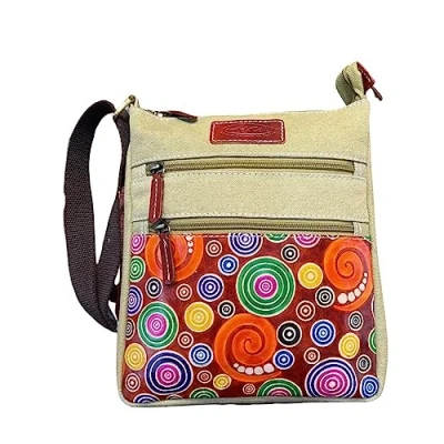 Image de sac en coton ethnique avec imprimés colorés et inserts cuir, à bandoulière cuir pour femmes ethniques indiennes colorées (Camel)
