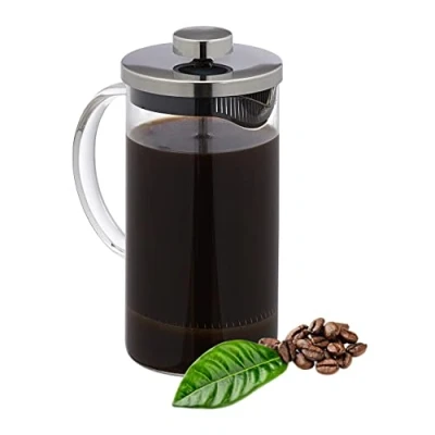 Image de Relaxdays Cafetière manuelle, carafe à piston, passoire intégrée, 600 ml, verre et acier inoxydable, transparent/argenté