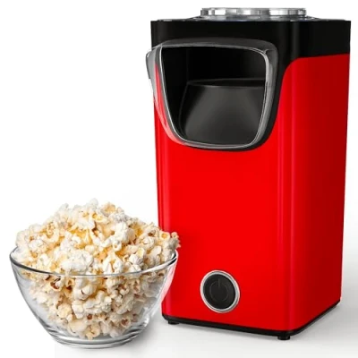 Image de Gadgy Machine à Pop Corn Appareil Air Chaud Rapide sans Huile, Graisse avec Tasse Mesurer et Couvercle Supérieur Amovible Revêtement Rouge Rétro