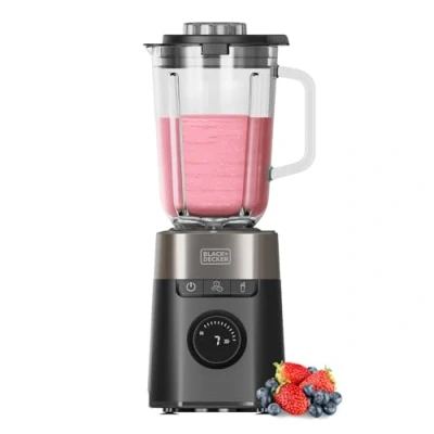 Image de Black+Decker Blender BXJB1201E 2200W Carafe en Verre 2,2L 8 Vitesses 6 Lames Acier Inoxydable Fonction Pulse Smoothie et Glace Pilée Écran LED Système de Sécurité