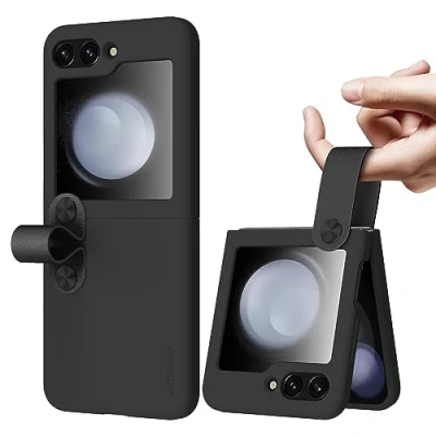 Image de Nillkin Coque Samsung Z Flip 5 avec Sangle de Doigt, Silicone [Prise en Main sécurisée], [Debout à l&#039;horizontal], Etui téléphone Mignon pour Femme Fille, Noir
