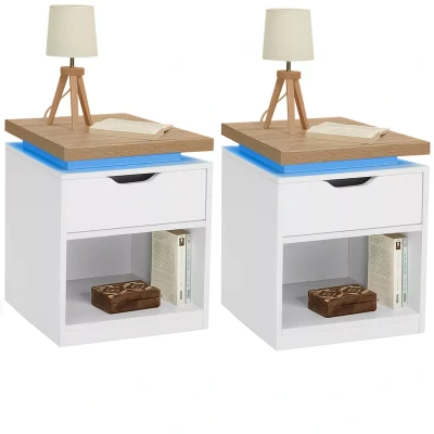 Image de Tables de chevet LED avec tiroir blanc et plateau effet bois