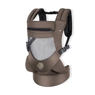 Image de Porte bébé ergonomique 3D Mesh super duveteux, enveloppant/respirant. 4 positions avec capuche amovible/réglable, de mois à 18 kg. 100% coton (Marron)