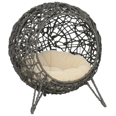Image de PawHut Panier Chat lit surélevé Cosy Niche Grotte à Grand Confort dim. Ø 52 x 58H cm Coussin Moelleux Inclus résine tressée Imitation rotin Gris