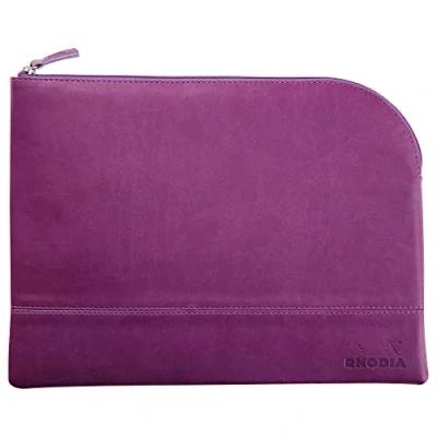 Image de RHODIA 116740C Pochette Zippée en Simili Cuir Violet Taille L (21 x 28 cm) Coutures Véritables Intérieur Tissu Orange Rangement Documents, Petites Fournitures