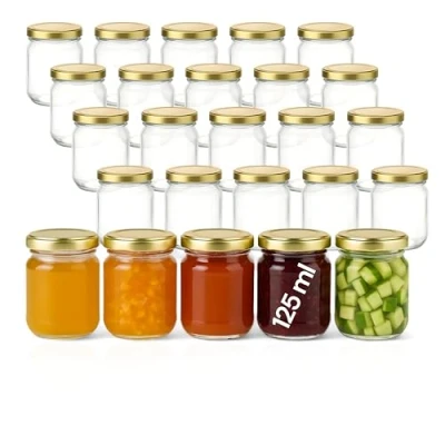 Image de gouveo Lot de 25 bocaux conservation 125 ml Helix avec couvercles à vis dorés Petits bouchon TO53 Pots visser pour confiture, miel, fait maison (HEG125G)