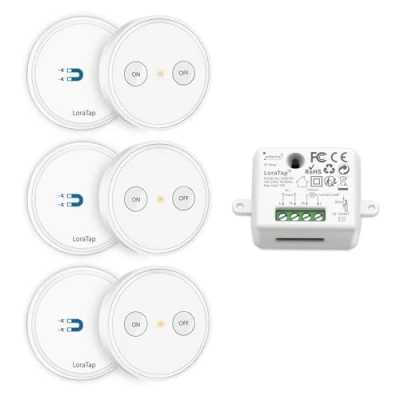 Image de LoraTap Kit Interrupteur Sans Fil, Récepteur 2500W, Portée 200M, 3 Emetteurs Radio 868Mhz, 10 ans Autonomie, Va et Vient, Commande à Distance Mural Avec Télécommande ON/OFF Pour Eclairage