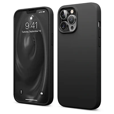 Image de elago Compatible avec iPhone 13 Pro Max, étui en Silicone Liquide, Protection intégrale de l&#039;écran et l&#039;appareil Photo, résistant aux Chocs, Doublure Microfibre Douce Anti Rayures, 17 cm (Noir)