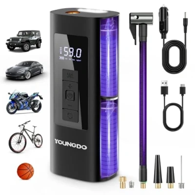 Image de Compresseur à Air Portatif, YOUNGDO Gonfleur Pneus Voiture,150PSI, Pompe Vélo Électrique,6000mAh, avec Lamp LED, pour Vélo, Voiture, Moto, Balle