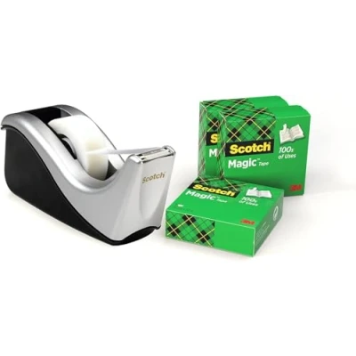 Image de Scotch Magic Tape Dévidoir et Ruban Adhésif, 4 Rouleaux de Taille 19 mm x 33 mm, Couleur Noir Argent Support Adhésif Rechargeable Idéal pour le Bureau