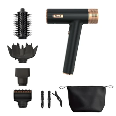 Image de Shark SpeedStyle Sèche cheveux et finition RapidGloss avec sac de rangement, pinces pour cheveux, 5 embouts, tous types séchage rapide, sans dommage thermique, Noir/Cuivre HD353BKEU