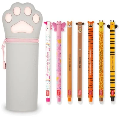 Image de LEGAMI Lot de 7 stylos gel effaçables + trousse 2 en 1 avec encre effaçable thermosensible, gamme couleurs d&#039;encre et design baril, pointe 0,7 mm (chaton)