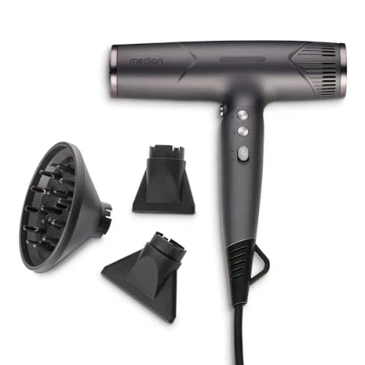 Image de MEDION HD2 Sèche cheveux (technologie ionique, 1 500 watts, embouts polyvalents Diffuseur &amp; Buse de styling, moteur BLDC longue durée, fonction autonettoyante, long cordon d&#039;alimentation) gris