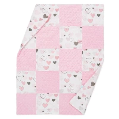 Image de ELIMELI Minky Couverture douillette pour bébé d&#039;éveil Super douce En polaire Dots et coton avec rembourrage 74 x 92 cm De qualité supérieure Rose Cœurs
