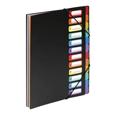 Image de VIQUEL Trieur vertical RAINBOW 12 compartiments à soufflet en polypro 5/10, noir intérieur multicolore