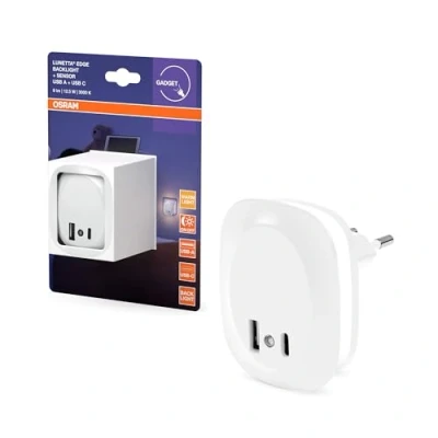 Image de OSRAM Veilleuse LUNETTA EDGE, blanche, 0,35 W, 10 lm, lumière blanche chaude, capteur de du jour, connexion USB A et C, technologie LED, fonction charge, longue durée vie, 3 000 K