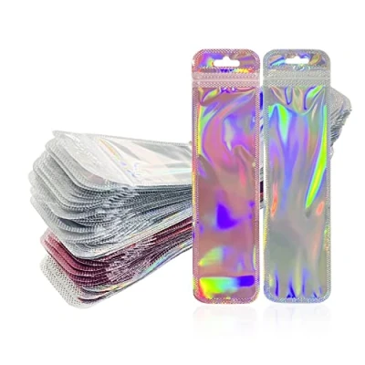 Image de Sac de rangement 100 pièces, sacs d&#039;emballage holographiques, en papier d&#039;aluminium, ziplock refermables et thermoscellables pour le stockage des aliments (5,5 x 22 cm).
