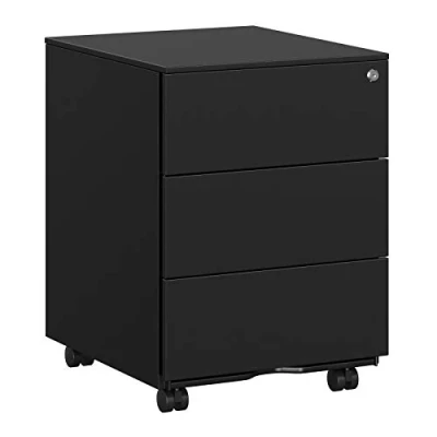 Image de SONGMICS Caisson de Bureau Mobile, Verrouillable, avec 3 Tiroirs, Rangement pour Documents et Papeterie, Pré assemblé, Travail, à Domicile, 45,1 x 39 53,8 cm, Noir d&#039;encre OFC63BK