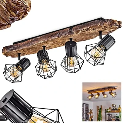 Image de plafonnier Bardhaman, en métal noir/bois, spot au design rétro/vintage avec abat jour ajustable grille effet lumineux, 4 flammes, x E27, ampoule(s) non incluse(s)