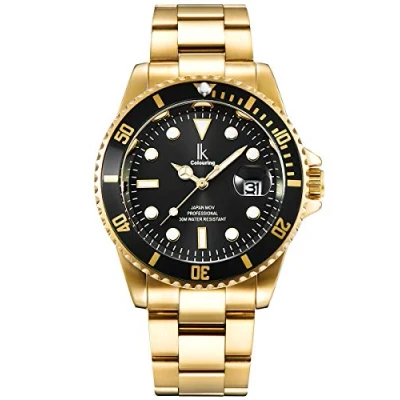 Image de Alienwork Montre Hommes Femmes Or Doree Bracelet en Métal Acier Calendrier Date Noir élégant