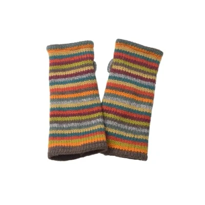 Image de Pachamama Chauffe poignets en laine pour femme Doublure polaire Rayures multicolores Taille unique Fente le pouce Thermique Extra chaud Commerce équitable