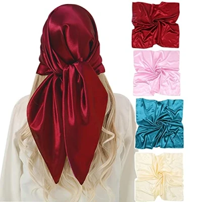 Image de KAVINGKALY 4 Pack Foulard Carré Femmes 90cmx90cm Square Motif d&#039;Impression Satin de Soie Bandanas Cheveux Bandeau Mouchoir Echarpe