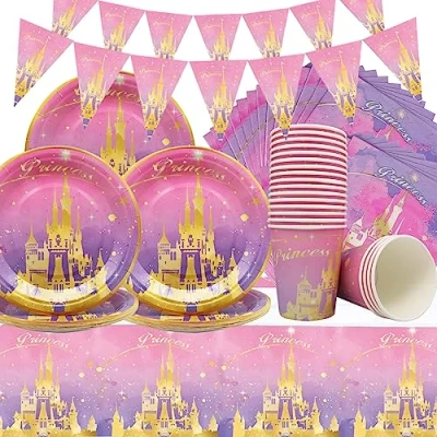 Image de Doyomtoy Vaisselle pour fêtes de Princesse,62 pièces Set Table thème château Princesse Bannière fête d&#039;anniversaire Vaisselle,Serviettes,Gobelets en Papier,Nappes (20 invités)