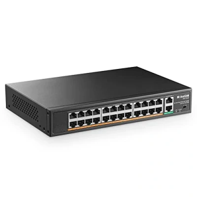 Image de mokerlink 24 Port PoE Switch, 2 Gigabit Uplink Port, Puissance élevée 400W, Prise en Charge IEEE802.3af/at, + Plug &amp; Play Non géré monté Rack