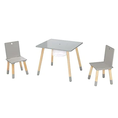 Image de roba Ensemble Table et 2 Chaises Enfants avec Filet de Rangement Pieds en Bois Massif pour Filles Garçons Ans plus Supporte 50 kg Gris / Naturel