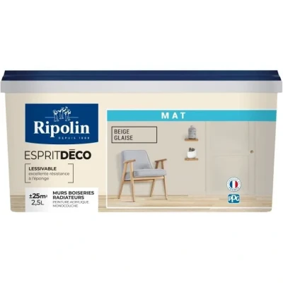 Image de Ripolin Peinture Intérieure Multi Supports Murs, Boiseries &amp; Radiateurs Ultra Couvrante Lessivable Application Facile Ecolabel Aspect Mat 2,5L Beige Glaise