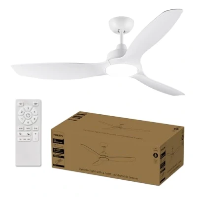 Image de Ventilateur à pales fixes Philips, 3 pales, grand (52&quot;), éclairage LED 28W, moteur DC, plage de température couleur (3000 K, 4300 6500 K) avec fonction gradation, télécommande incluse