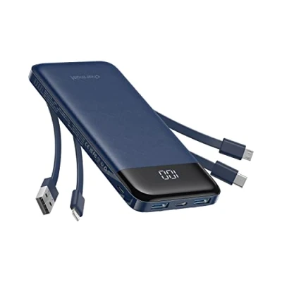 Image de Charmast Batterie Externe 10000mAh avec 4 Câbles Intégrés Portable USB C Mince Power Bank 6 Sorties et 3 Entrées pour iPhone 12 13 11 Samsung S21 S22（Bleu）
