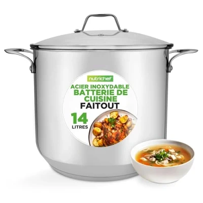 Image de Nutrichef Marmite Faitout Inox 14 Litres 18/8 Qualité Alimentaire Résistant Tous Feux Induction Grand Grande avec Couvercle Transparent, Compatible Lave Vaisselle