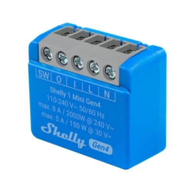 Image de Shelly 1 Mini Gen4 Micromodule interrupteur Matter, Zigbee, Wi Fi, Canal 8A, Contacts secs, Ouvre porte de garage connecté, Contrôle app, Compatible Alexa, Google, SmartThings, Apple Homekit